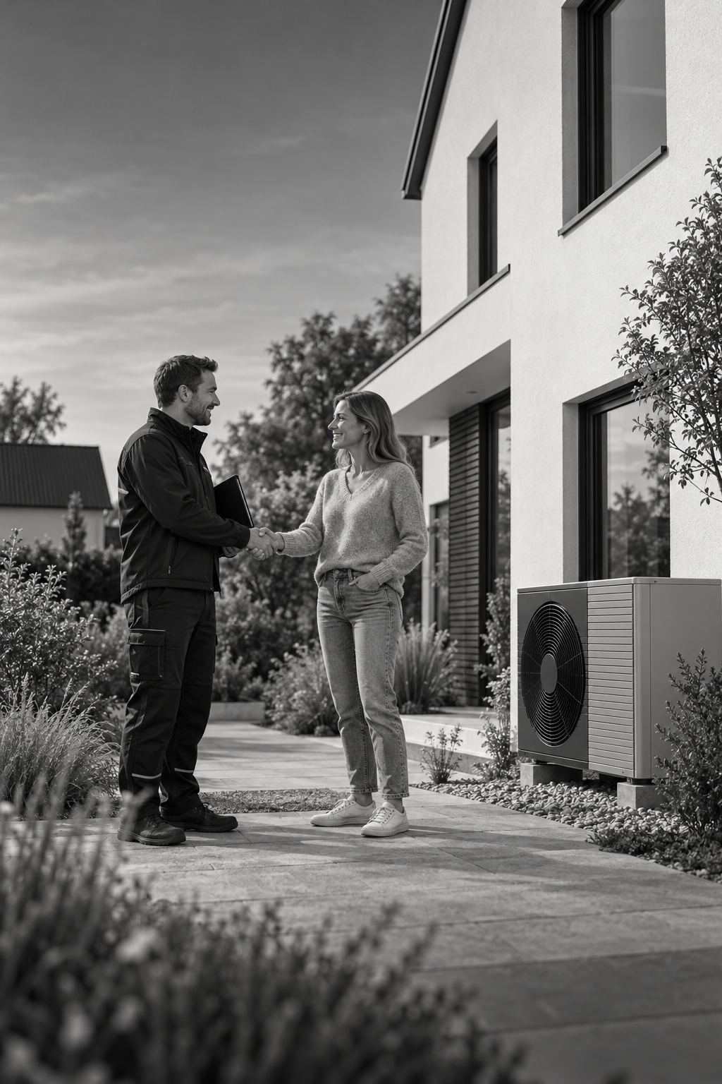 Handschlag vor einem Haus mit Wärmepumpe